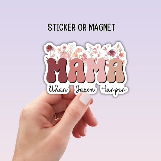 Mother's day gift Personalized mama sticker name sticker floral boho sticker mom sticker kids mommy name magnet Retro font new mom Floral