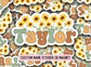 Sunflower name sticker Tumbler cup name sticker Retro font Floral Name sticker Personalized name Water bottle sticker Kids name sticker