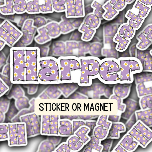 Purple daisy Custom name sticker Personalized name sticker Name Magnet Decor Water bottle name sticker Name Decal retro font flower sticker