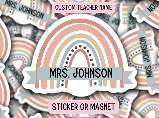 Teacher gift back to school teacher name sticker custom name sticker personalized teacher name boho rainbow water bottle sticker magnet gift