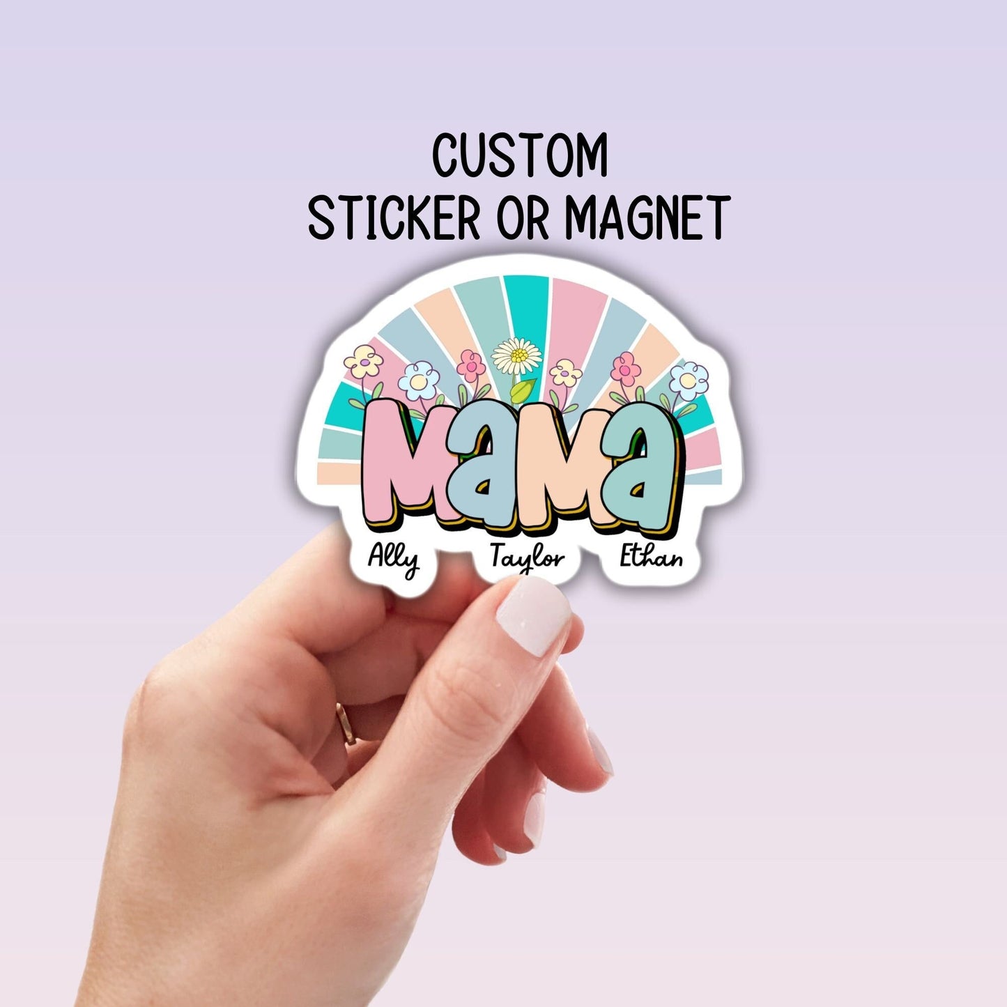 Personalized mama magnet name sticker Mother boho sticker mom sticker kids mommy name magnet Retro font new mom gift Floral Mother's day