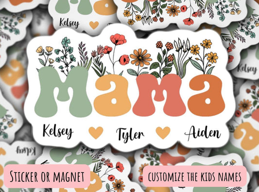 Mothers day gift, Personalized mama sticker, name sticker, floral boho sticker, kids mommy name sticker, magnet, Retro font, hippie retro