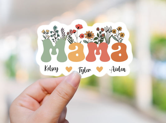 Retro Mom sticker, Personalized mama sticker, name sticker, floral boho sticker, kids mommy name sticker, magnet, Retro font, hippie retro