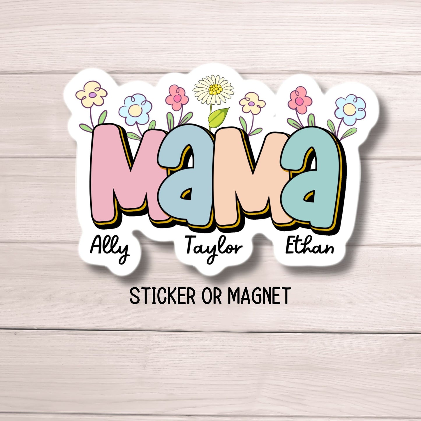 Personalized mama magnet name sticker Mother Groovy sticker mom sticker kids mommy name magnet Retro font new mom gift Floral Mother's day