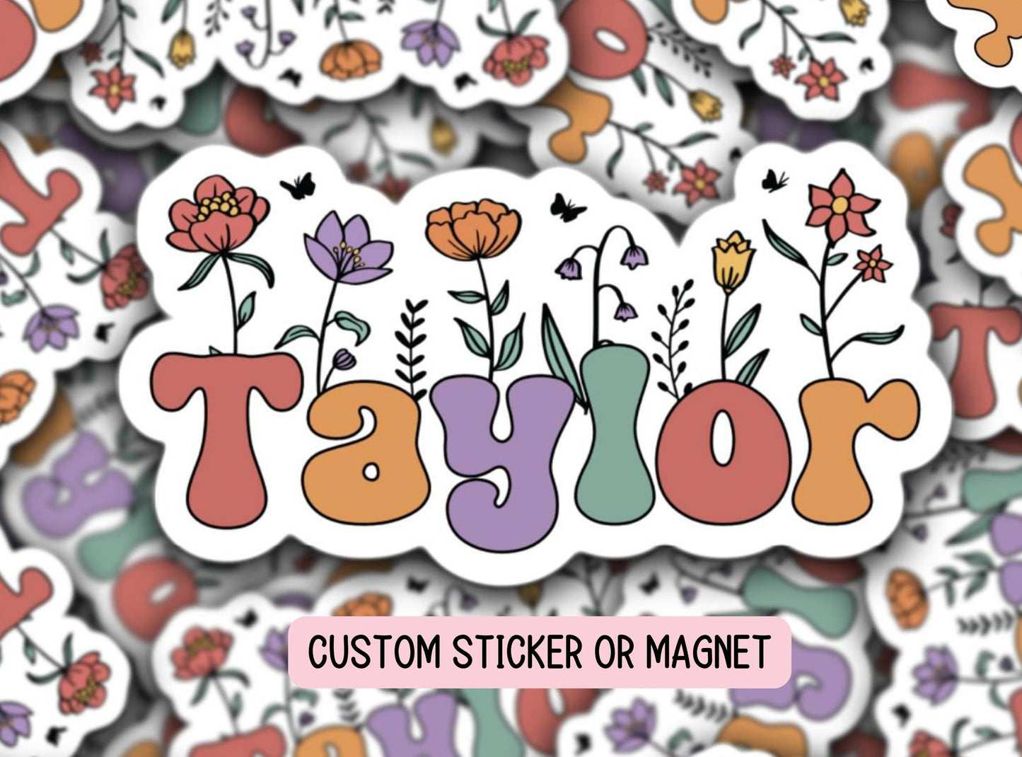 Floral name sticker Retro font name sticker Custom Name sticker Personalized name Water bottle sticker Flower name  Kids name sticker gift