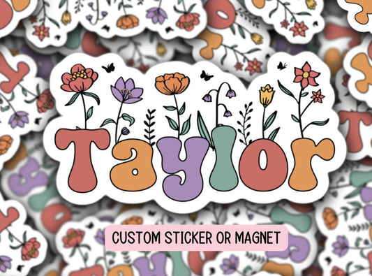 Floral name sticker Retro font name sticker Custom Name sticker Personalized name Water bottle sticker Flower name  Kids name sticker gift