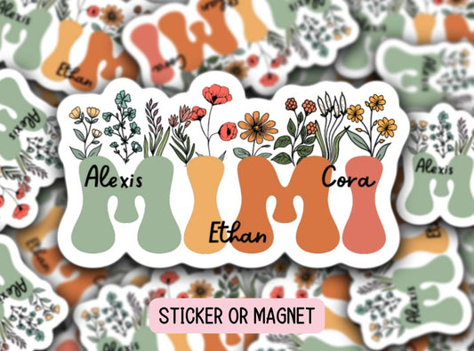 Retro floral Mimi sticker, Personalized Grandma stickers, Custom Name Stickers, Aesthetic stickers, Mother's day gift, Grandkids names gift
