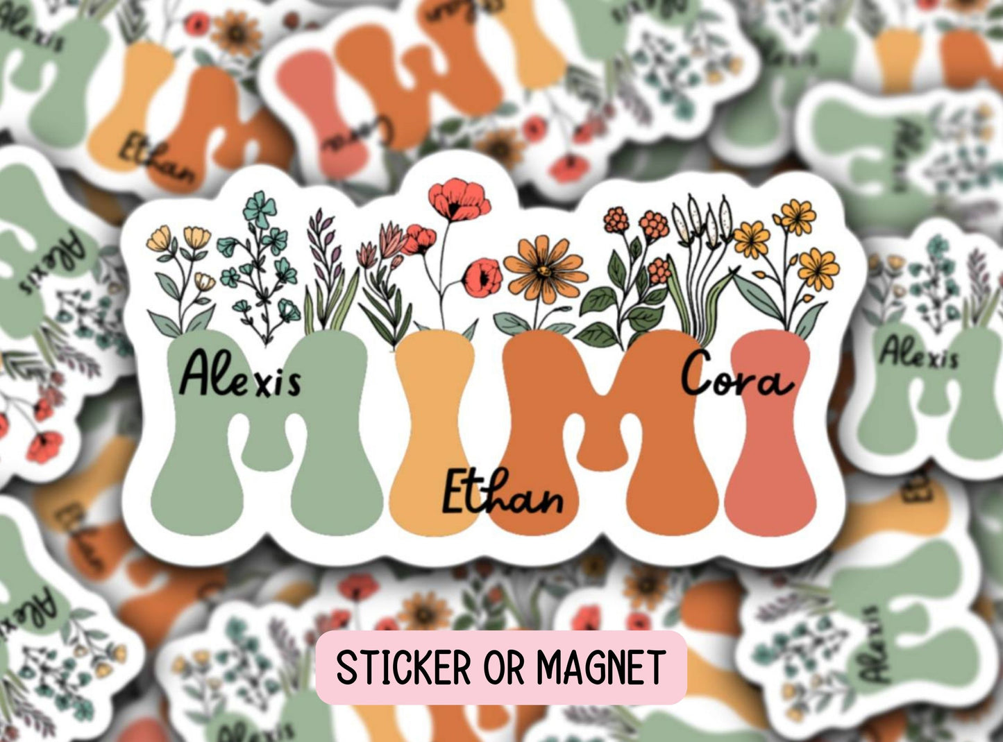 Retro floral Mimi sticker, Personalized Grandma stickers, Custom Name Stickers, Aesthetic stickers, Mother's day gift, Grandkids names gift