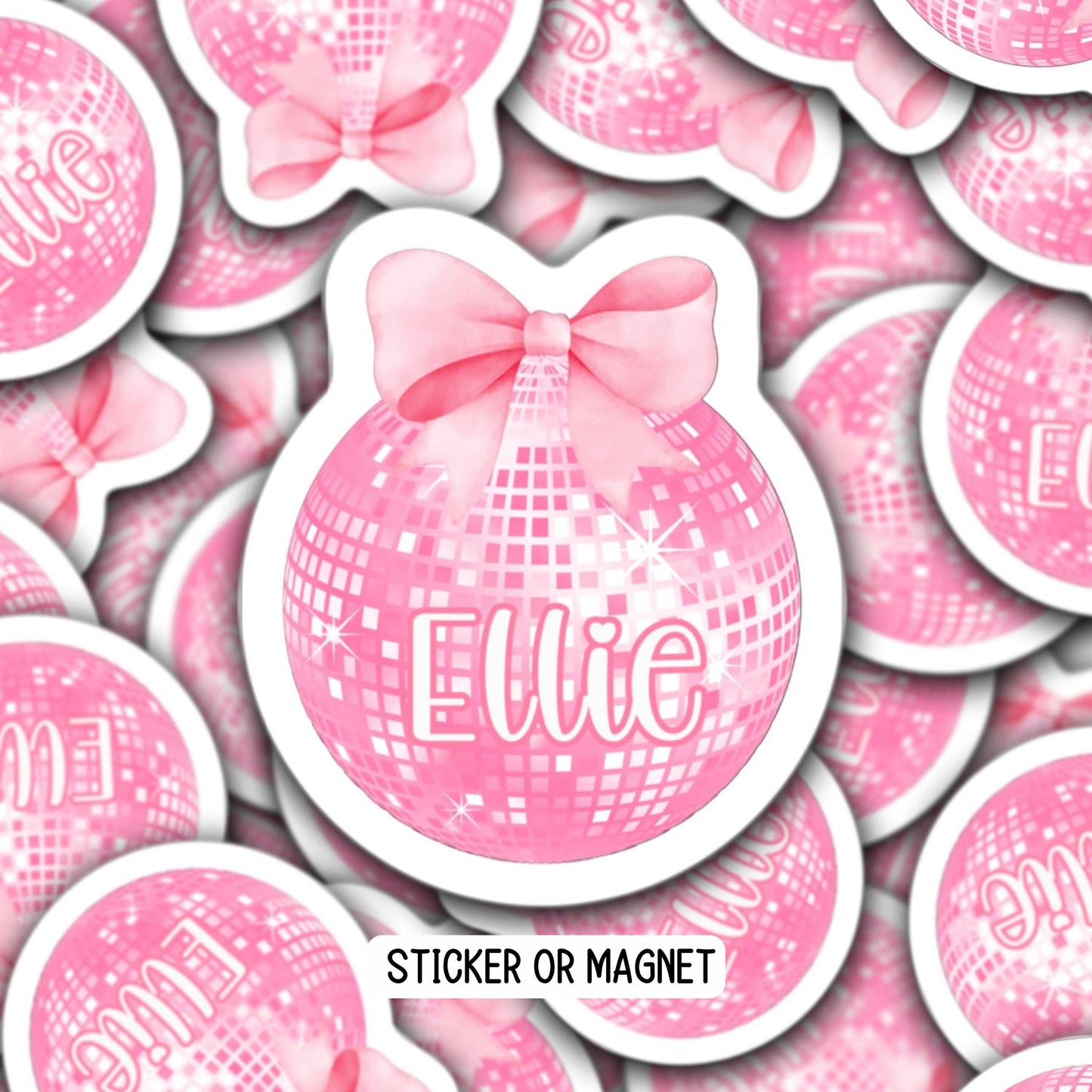 Coquette disco ball custom name sticker magnet custom pink bow girlie personalized locker decor preppy cute name accessories Ribbon Bow