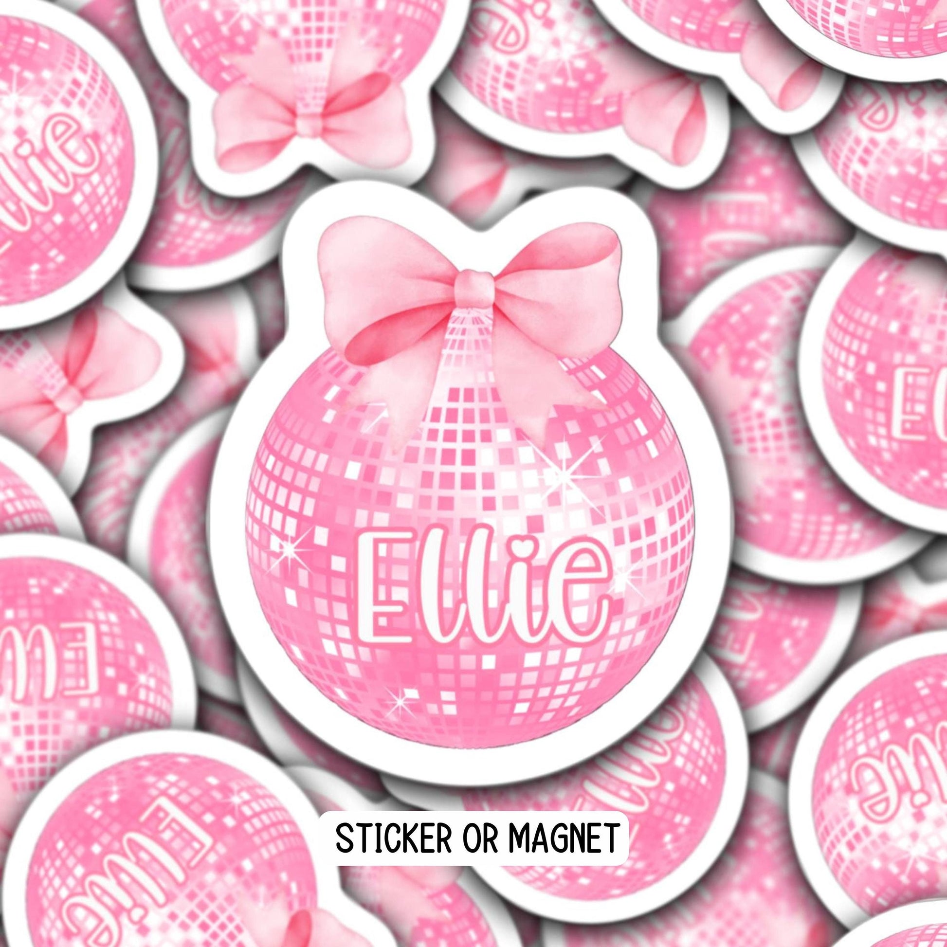 Coquette disco ball custom name sticker magnet custom pink bow girlie personalized locker decor preppy cute name accessories Ribbon Bow