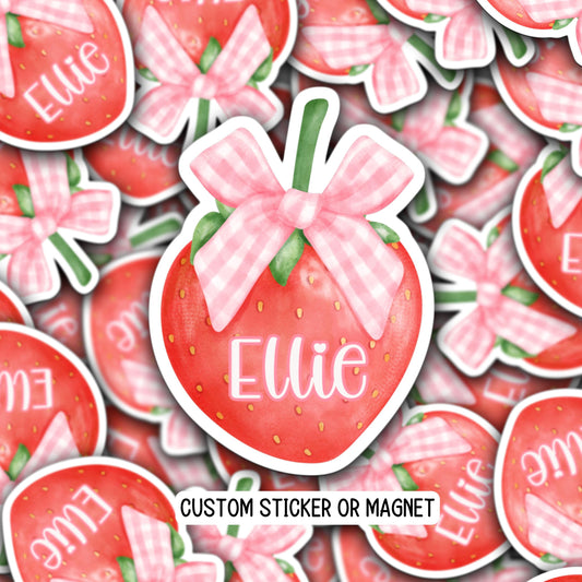Custom Coquette strawberry name sticker magnet custom pink bow girlie personalized locker decor preppy cake cute name accessories Ribbon Bow