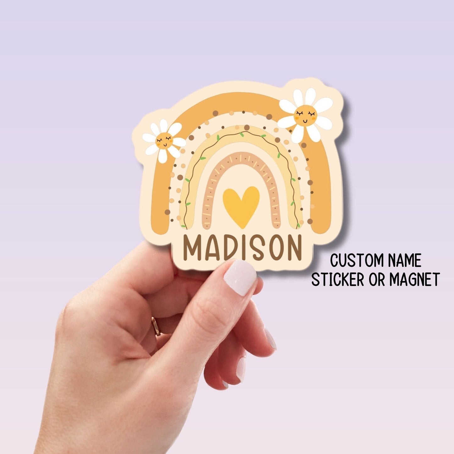 Boho Rainbow name sticker Personalized name stickers Custom Name aesthetic stickers Tumbler cup name kids name sticker gift Yellow rainbow