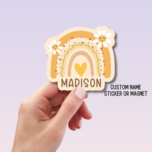 Boho Rainbow name sticker Personalized name stickers Custom Name aesthetic stickers Tumbler cup name kids name sticker gift Yellow rainbow