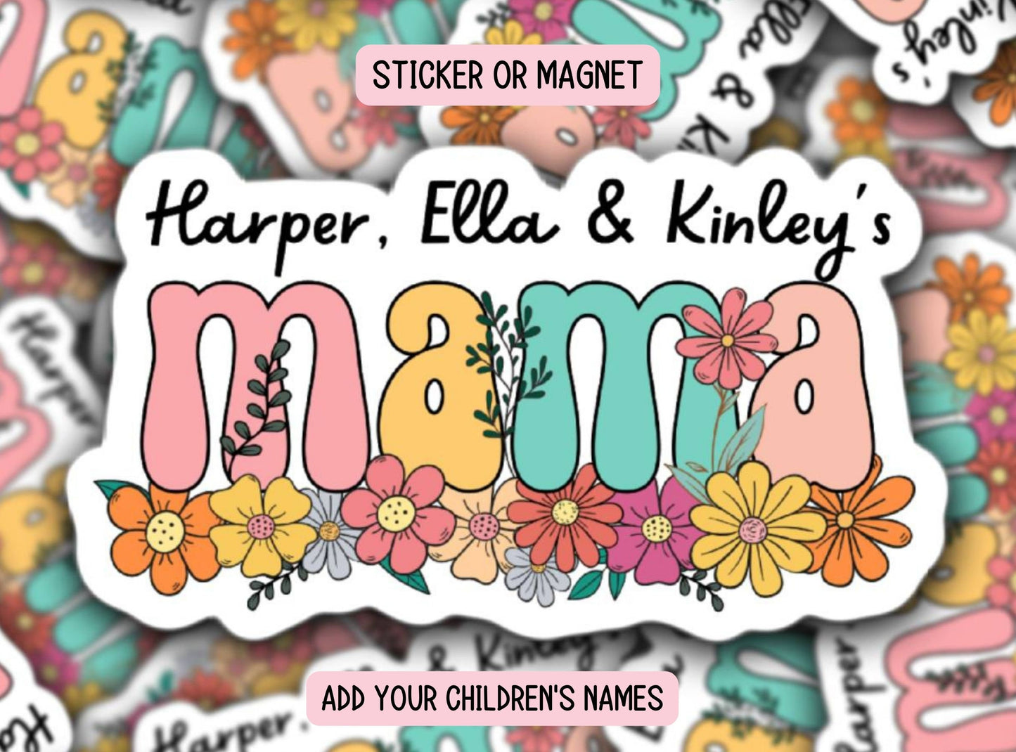Personalized mama sticker name sticker kids sticker mom sticker kids mommy name sticker magnet Retro font Wildflowers floral sticker Gift