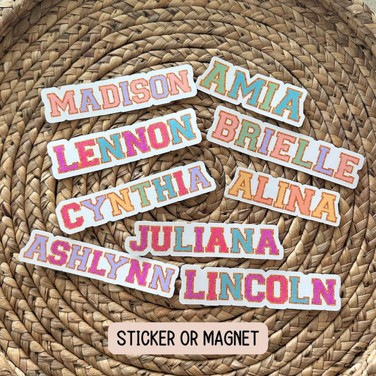 Custom name sticker Chenille name Varsity font kids name sticker personalized sticker Locker Magnet Water bottle name sticker Chenille patch