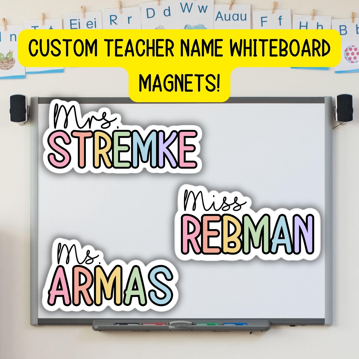 Custom teacher magnet classroom magnet gift Teacher name Personalized whiteboard Custom Teacher Name Magnet Rainbow Aesthetic Retro Mrs Miss