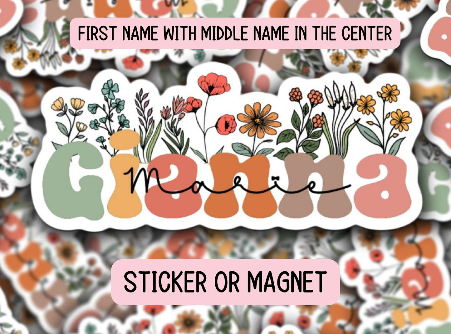 Custom name sticker Retro floral name sticker Personalized name stickers Aesthetic stickers best friend gift kids name stickers Gift for her