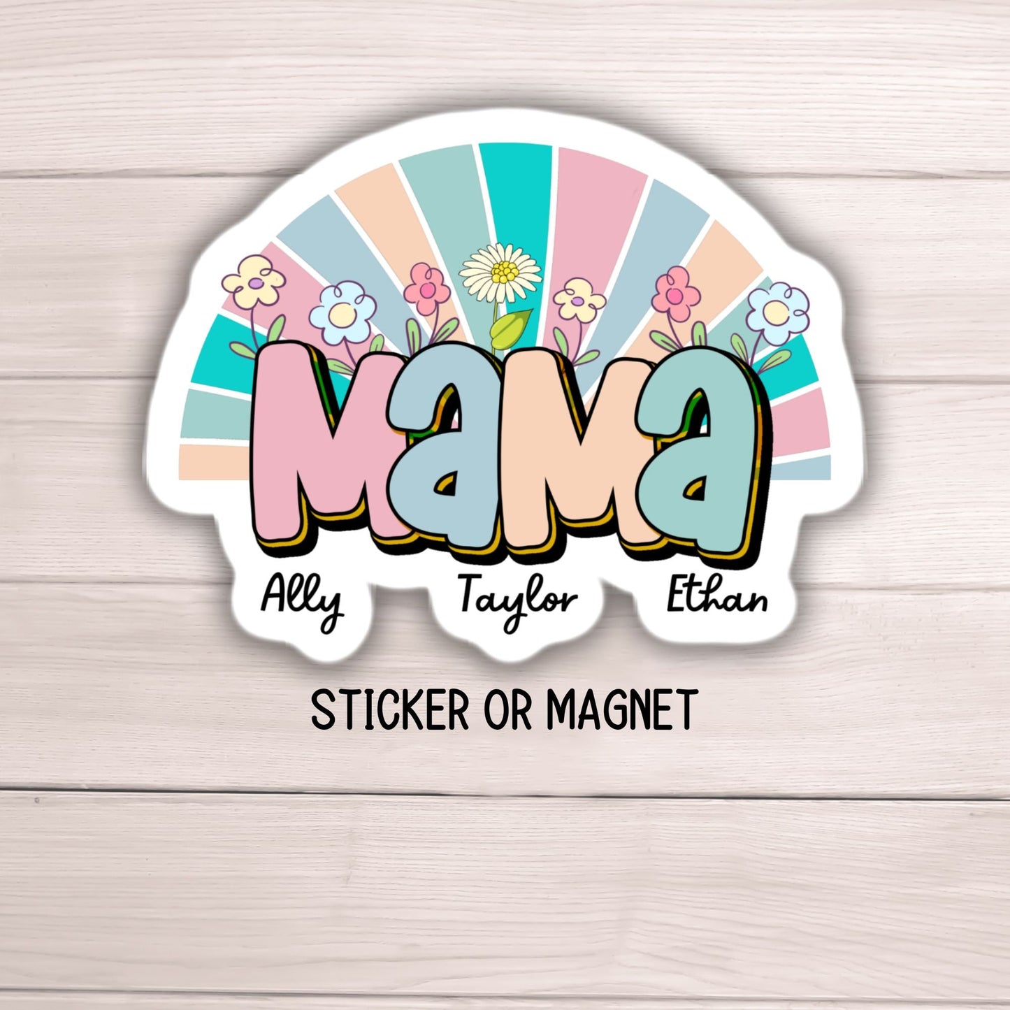 Personalized mama magnet name sticker Mother boho sticker mom sticker kids mommy name magnet Retro font new mom gift Floral Mother's day