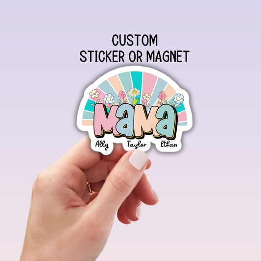 Personalized mama magnet name sticker Mother boho sticker mom sticker kids mommy name magnet Retro font new mom gift Floral Mother's day
