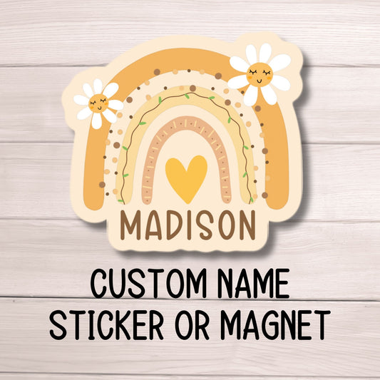 Kids name sticker Boho Rainbow name sticker Personalized name stickers Custom Name aesthetic stickers Tumbler cup name gift Yellow rainbow
