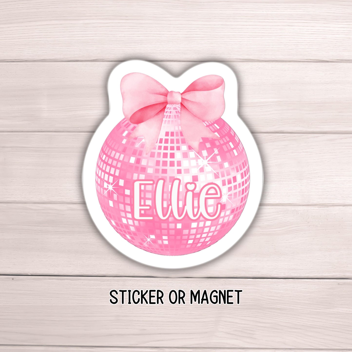 Disco ball Coquette custom name sticker magnet custom pink bow girlie personalized locker decor preppy cute name accessories Ribbon Bow