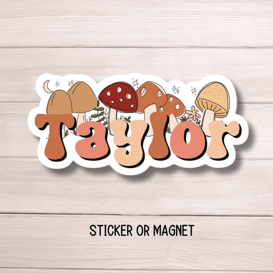 Custom mushroom sticker Fungi cottagecore magnet personalized Water bottle name sticker Magic mushroom name Retro font name aesthetic gift