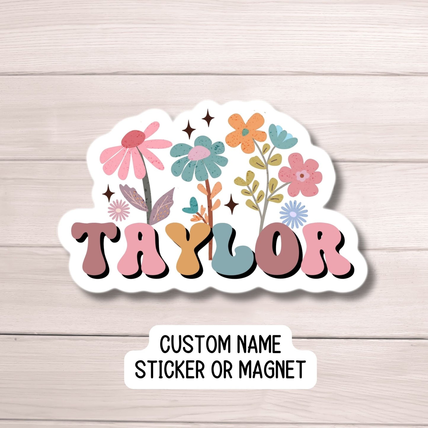 Retro floral name sticker Personalized name stickers Custom Name Stickers Aesthetic best friend gift kids name stickers retro wildflower