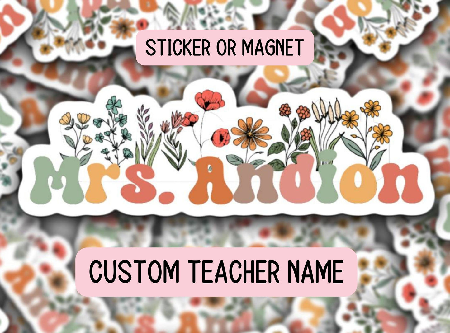 Custom teacher gift Teacher name sticker Personalized teacher sticker Custom Teacher Name Magnet Wildflowers Aesthetic Retro font Floral