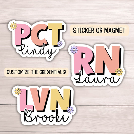 Custom nurse name personalized nurse magnet sticker Registered nurse RN Retro font Floral Name Personalized healthcare LVN CNA name gift