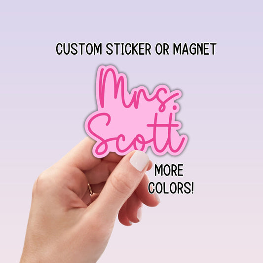 Custom teacher sticker gift teacher name sticker Personalized teacher sticker Last name sticker Mrs Miss Ms Magnet Retro font Magnet lap top