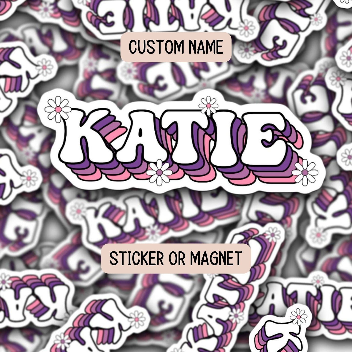 Water bottle name sticker Tumbler cup sticker Retro font name Floral Name sticker Personalized name  Daisy name Kids name sticker gift Retro