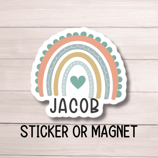 Kids name sticker Boho Rainbow name sticker Personalized name stickers Custom Name aesthetic stickers Tumbler cup name gift Yellow rainbow