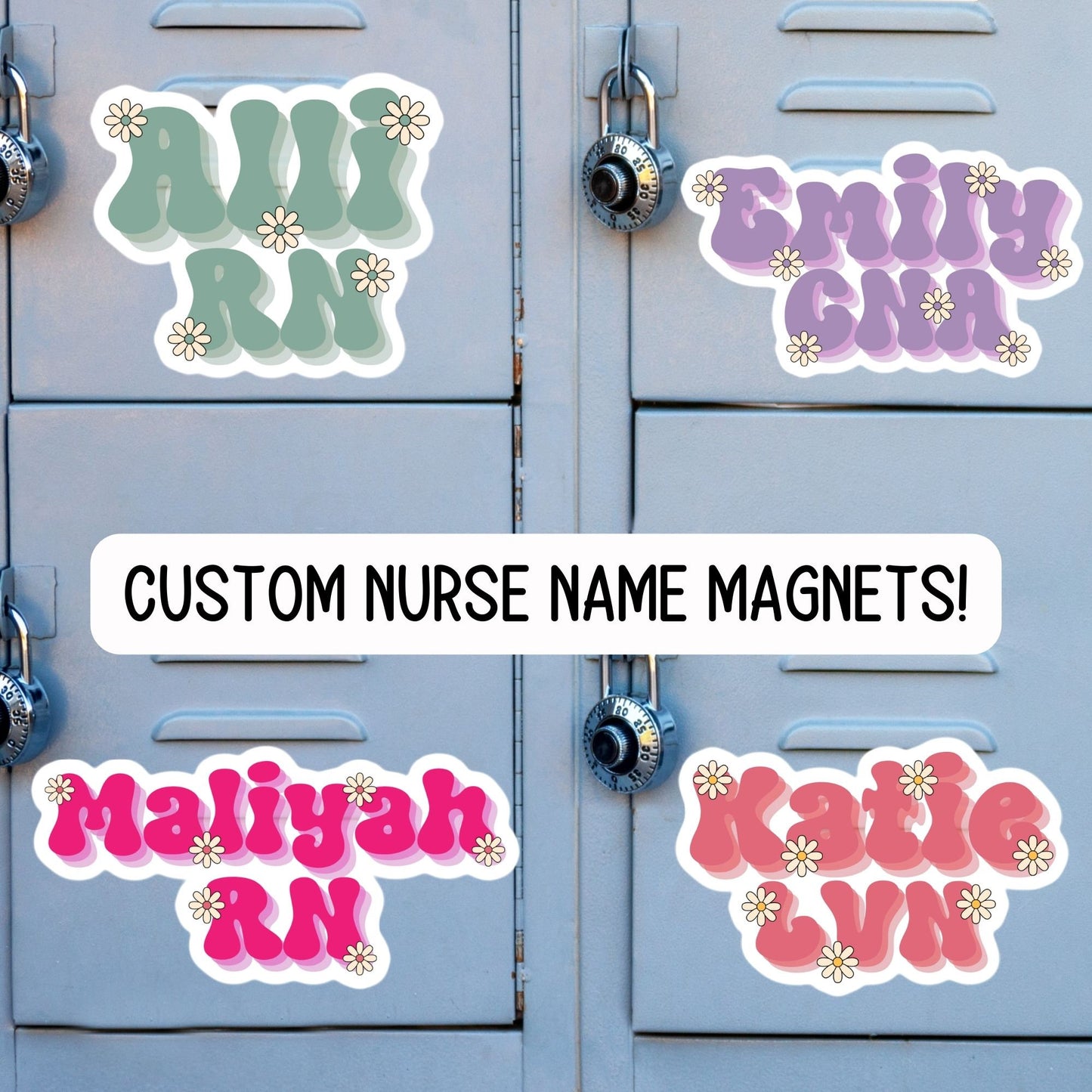 Custom nurse name personalized nurse magnet sticker Registered nurse RN Retro font name Floral Name Personalized name Daisy name gift