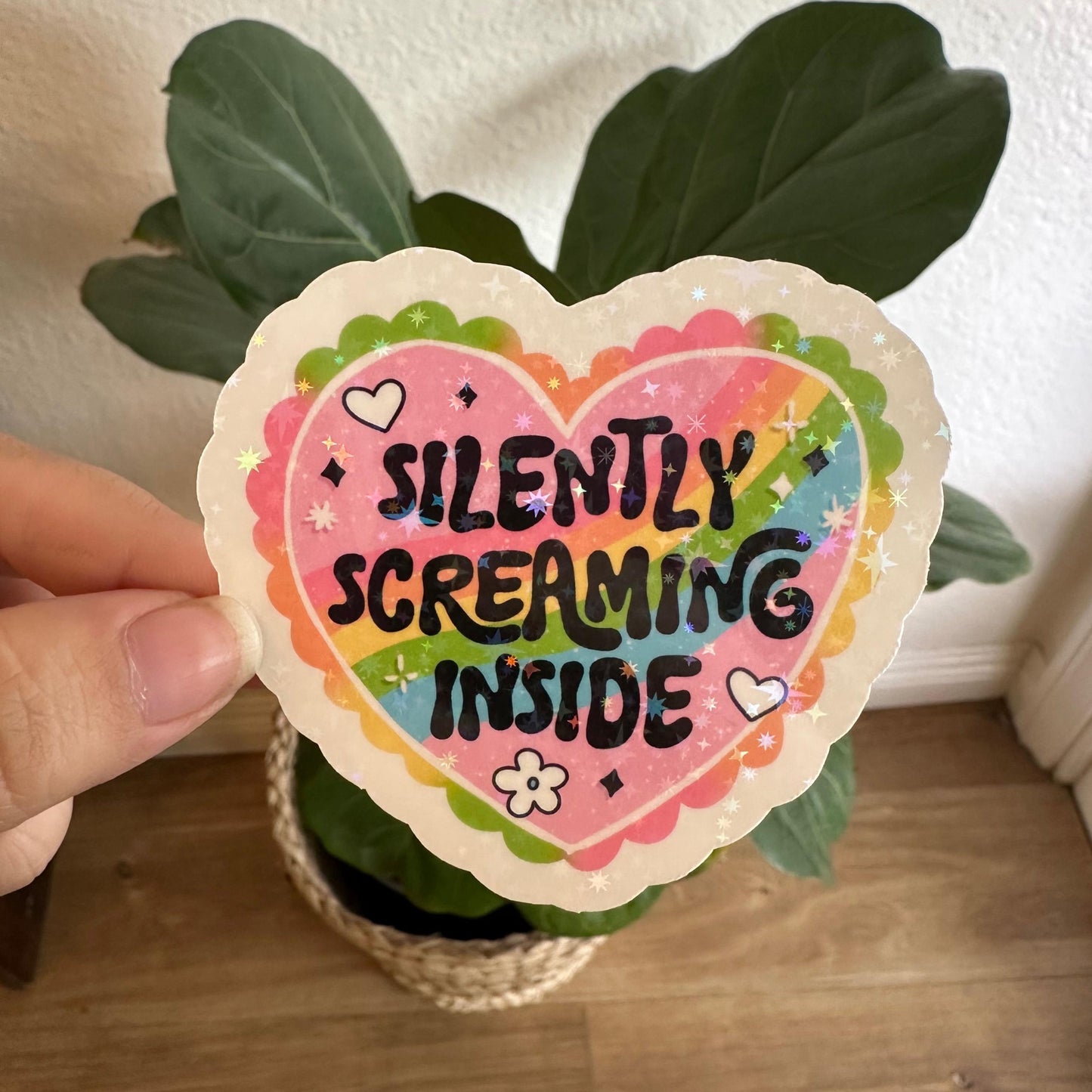 Silently screaming inside sticker introvert mental health adult punny trendy rainbow retro magnet Overthinker 90s nostalgia Laptop Ereader
