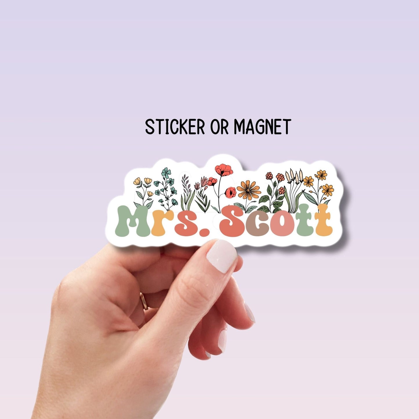 Custom teacher gift Teacher name sticker Personalized teacher sticker Custom Teacher Name Magnet Wildflowers Aesthetic Retro font Floral