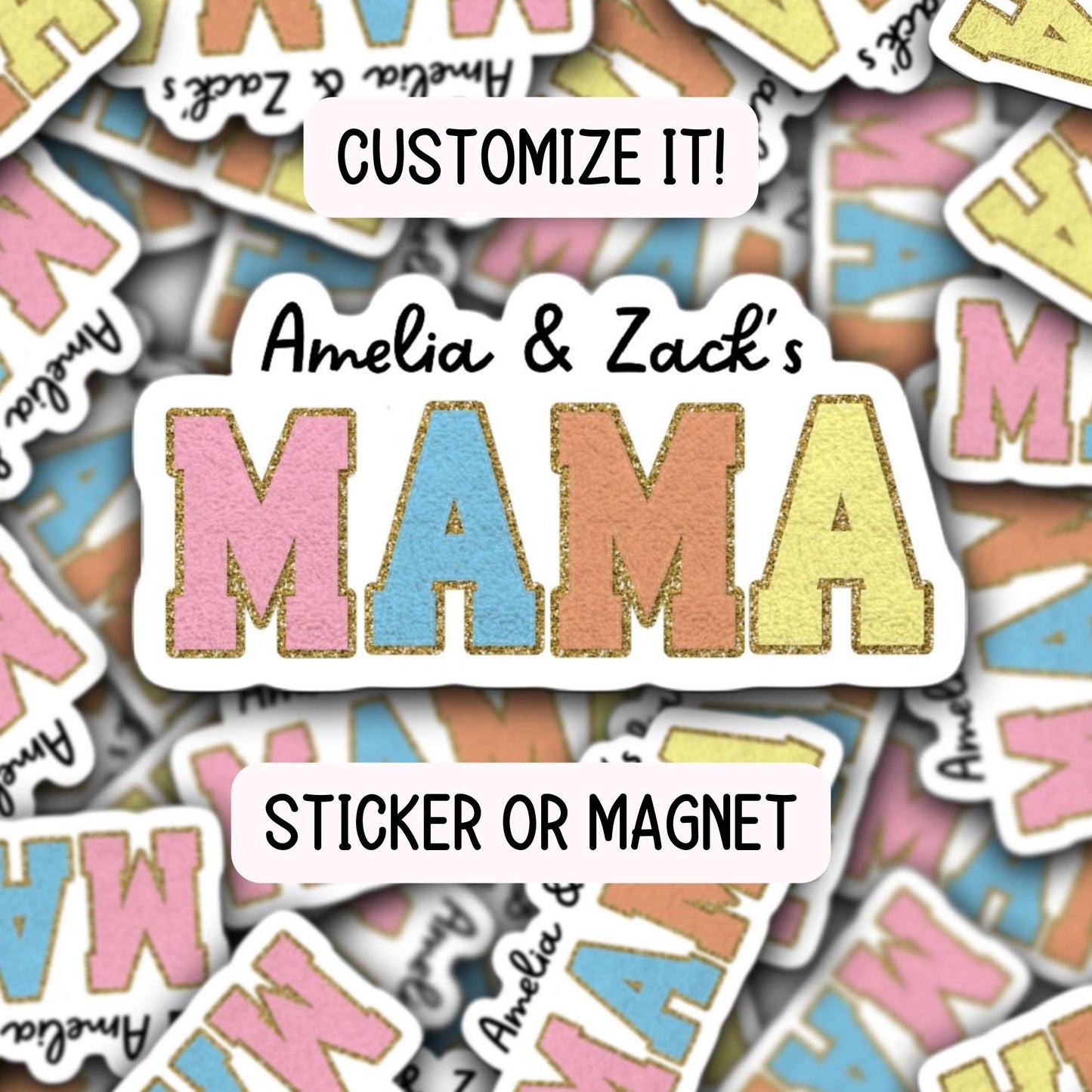 Personalized mama sticker name sticker Chenille sticker mom sticker kids mommy name magnet Varsity font new mom gift Custom Mom gift