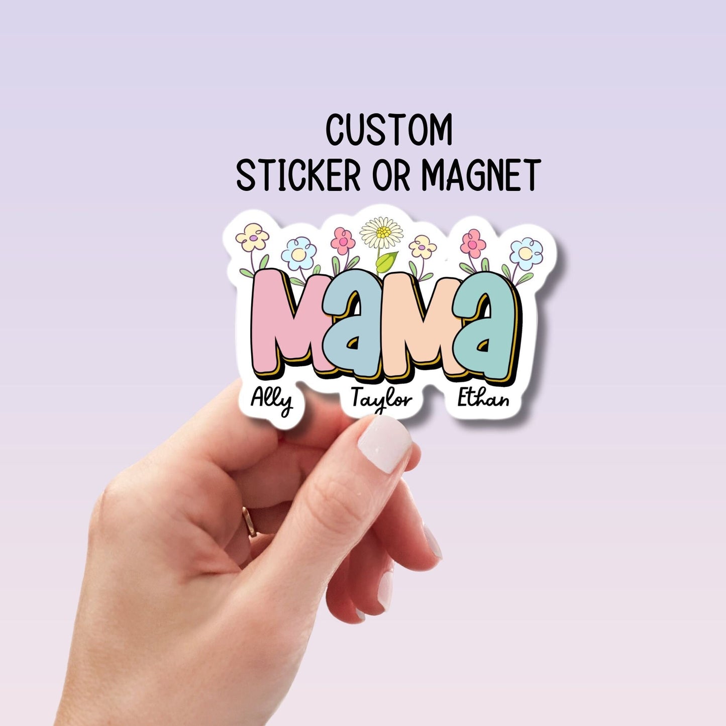 Personalized mama magnet name sticker Mother Groovy sticker mom sticker kids mommy name magnet Retro font new mom gift Floral Mother's day