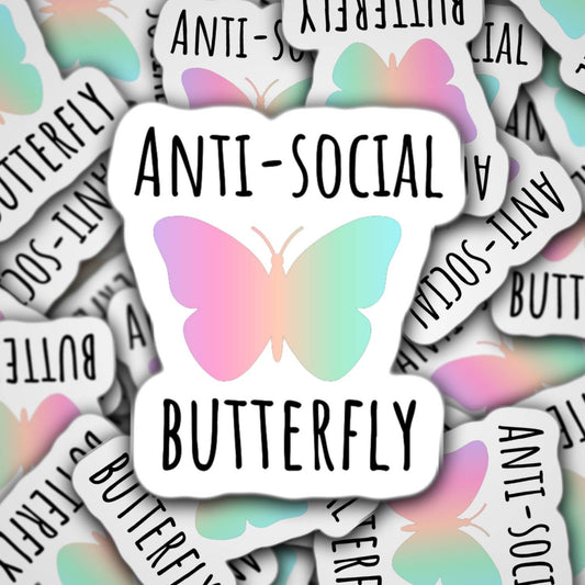 Anti- social butterfly, butterfly sticker, magnet, colorful sticker, anxiety sticker, anti social club, introvert sticker, water bottle,