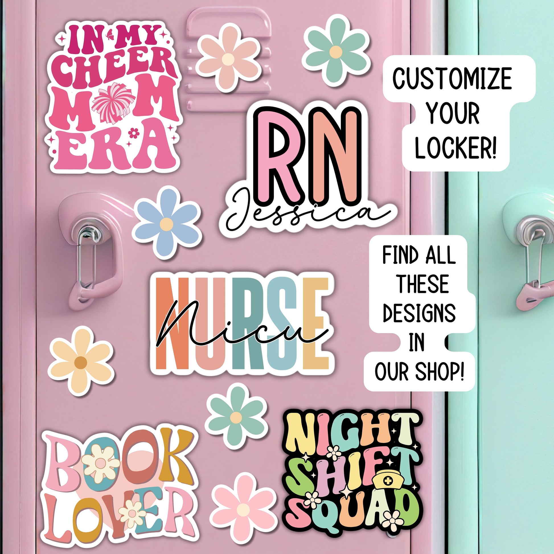 a pink refrigerator with lots of stickers on it