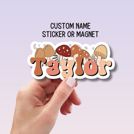 Custom mushroom sticker Fungi cottagecore magnet personalized Water bottle name sticker Magic mushroom name Retro font name aesthetic gift