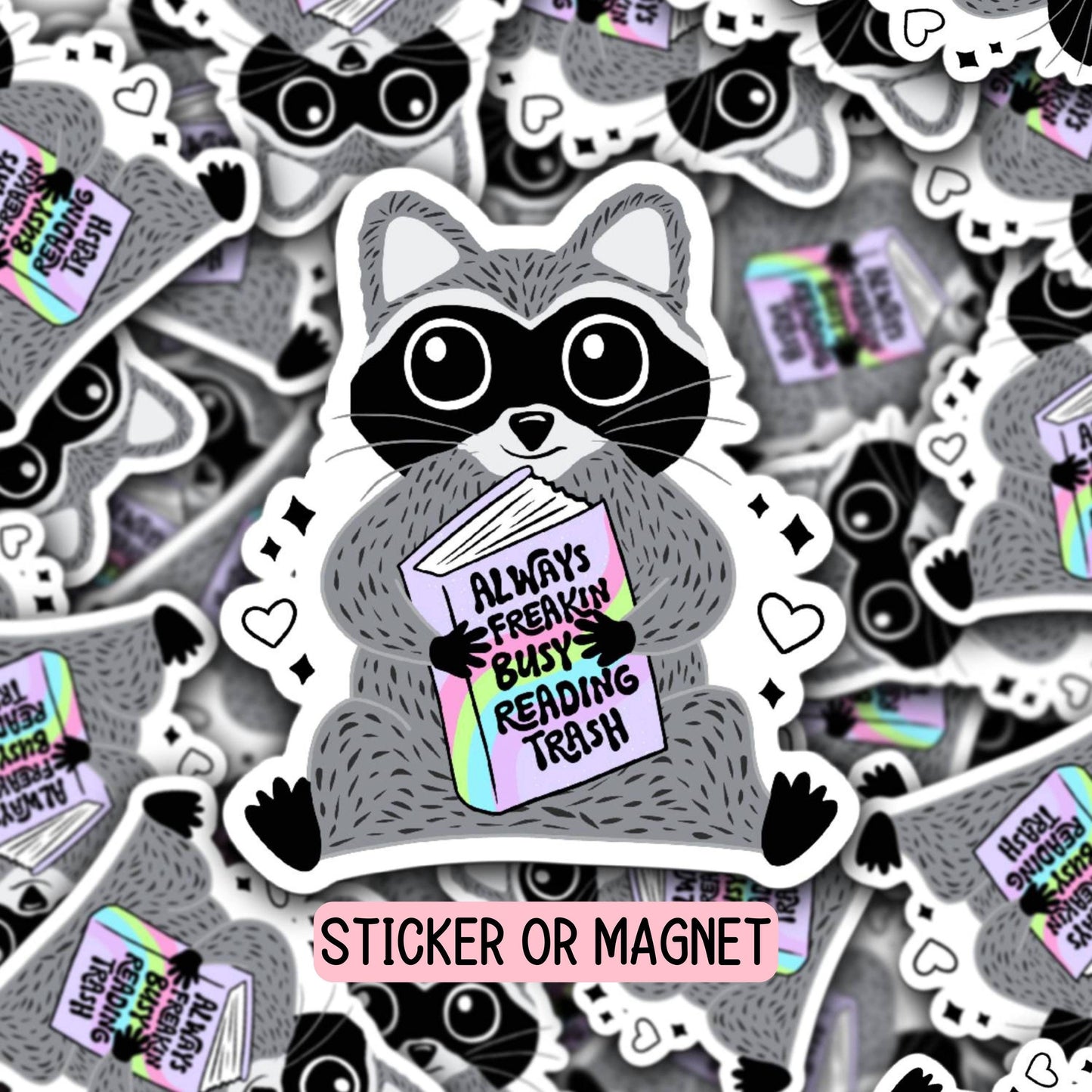 Racoon book reader busy reading trash sticker smut magnet booktok adult Book local Bookish Romance Book gift Decal Laptop Dark romance club