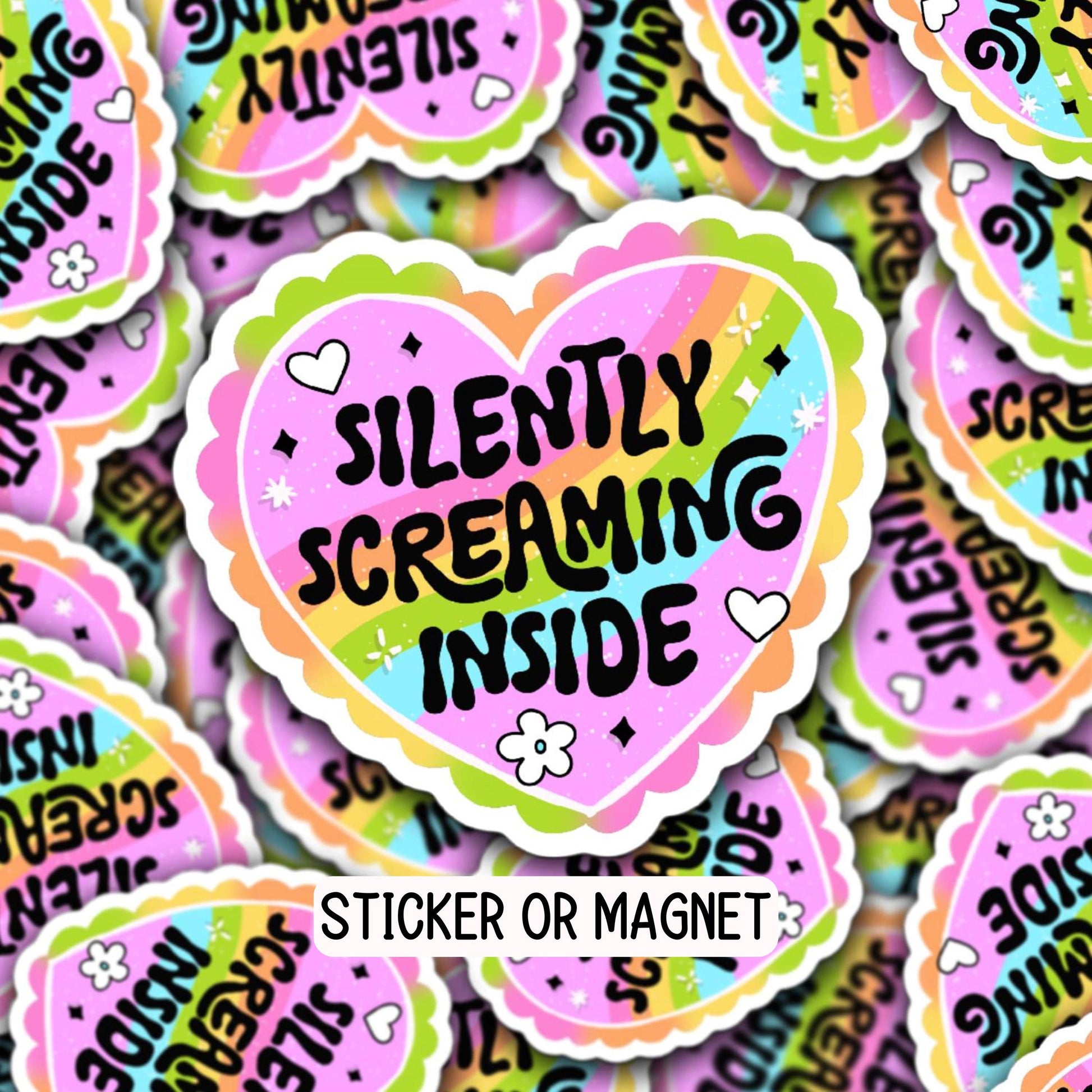 Silently screaming inside sticker introvert mental health adult punny trendy rainbow retro magnet Overthinker 90s nostalgia Laptop Ereader