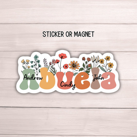 Abuela gift custom Abuelita Retro floral Nana sticker magnet Personalized Grandma stickers  Name Mother's day gift Grandkids names