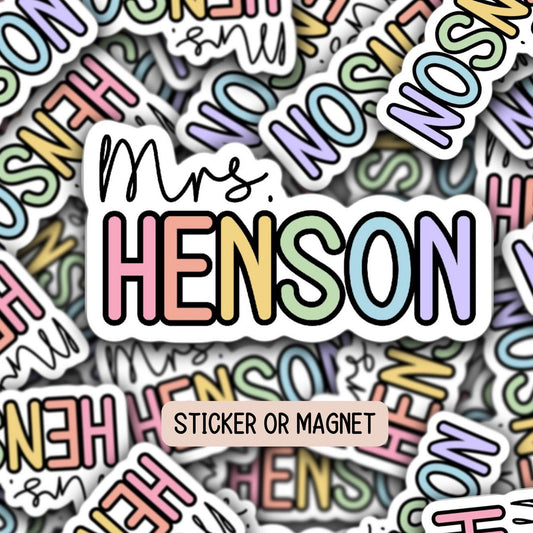 Custom teacher gift Teacher name sticker Personalized teacher sticker Custom Teacher Name Magnet Rainbow Aesthetic Retro font Mrs Miss