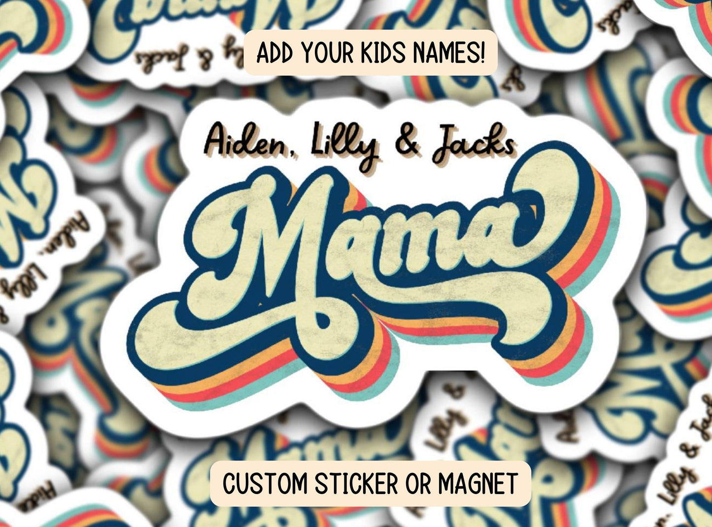 Retro custom mama sticker Personalized mama sticker name sticker Vintage mom sticker kids mommy name magnet Retro font Hippie Tumbler cup