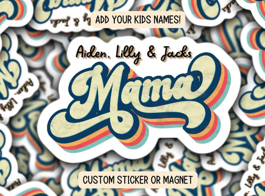 Retro custom mama sticker Personalized mama sticker name sticker Vintage mom sticker kids mommy name magnet Retro font Hippie Tumbler cup