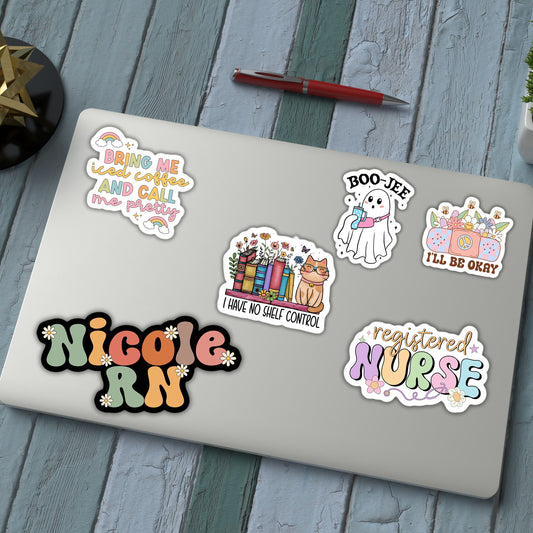Custom nurse gift personalized nurse magnet sticker Registered nurse RN Retro font Floral Name Personalized healthcare LVN CNA name gift