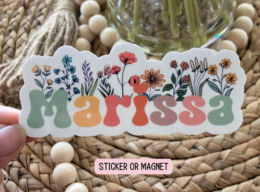 Personalized name sticker Custom name sticker Retro name Wildflower Sticker Boho sticker best friend gift kids name sticker retro Magnet Mom