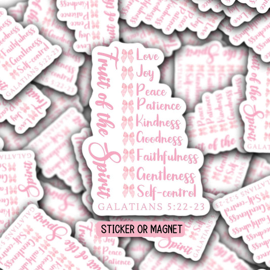Coquette Christian Fruit of the Spirit Sticker magnet Jesus Bible study Faith Laptop Journaling love God pink bows religious prayer worship