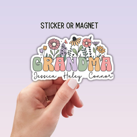 Custom Grandma gift sticker Personalized sticker Custom Name Stickers Aesthetic sticker Mother's day gift Grandkids names gift wildflowers